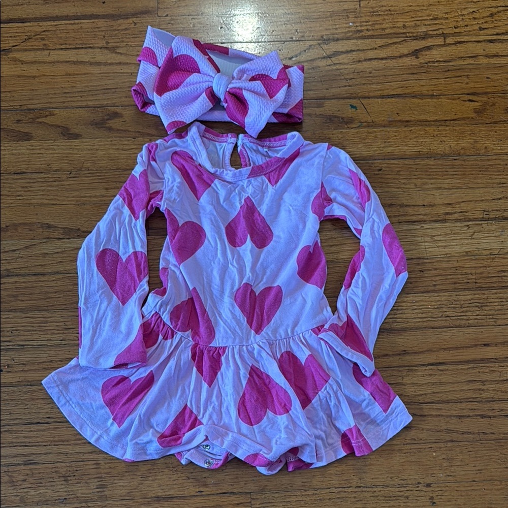 Pink Heart Kids Casual Dress with Headband